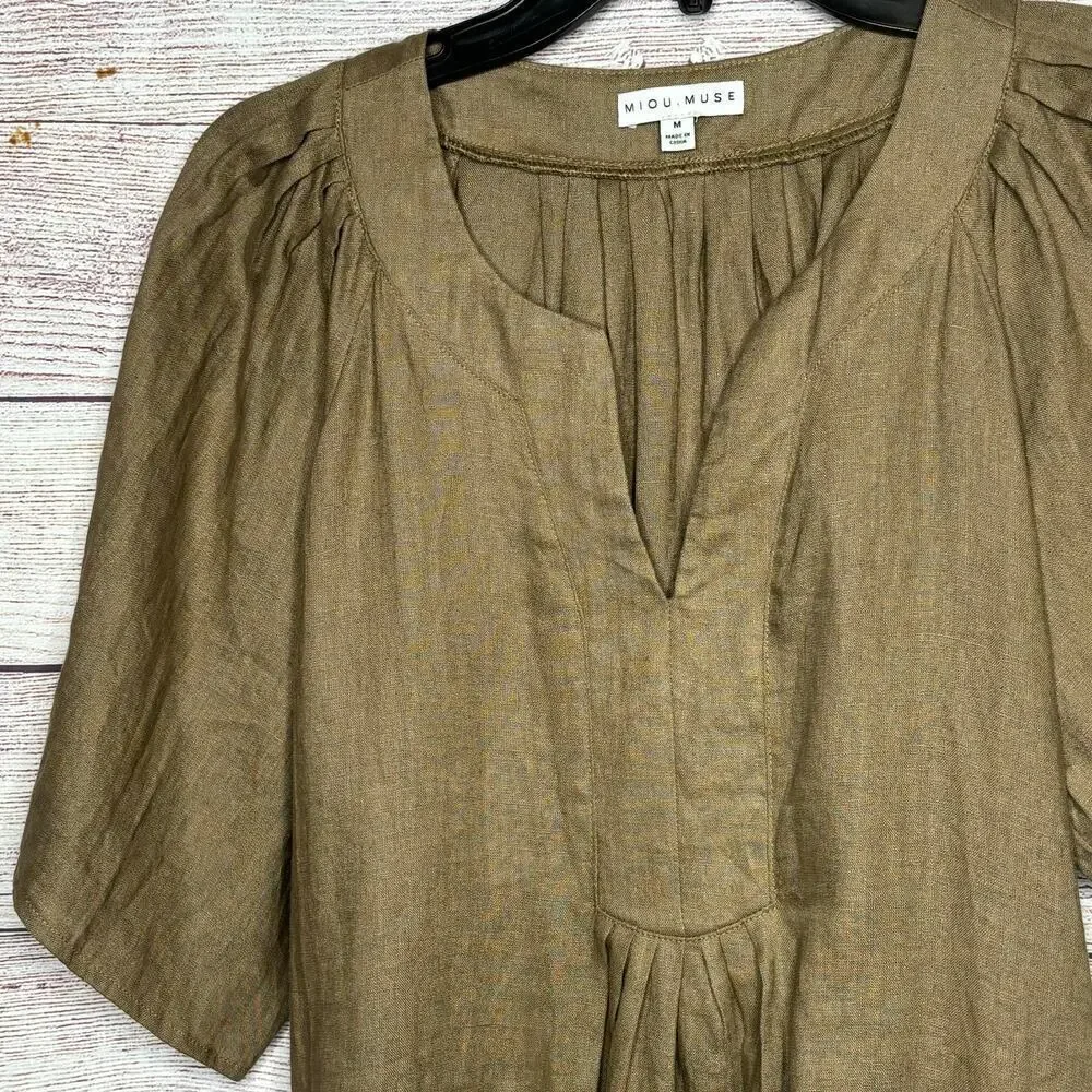 Miou Muse 100% Linen Brown Lagenlook Beachy Relaxed Casual Dress Size Medium
